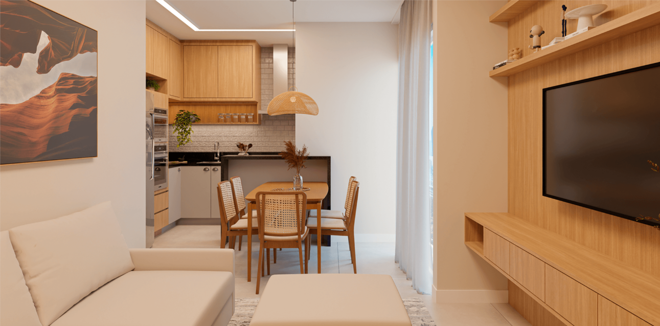 Sala e cozinha integradas do apartamento decorado